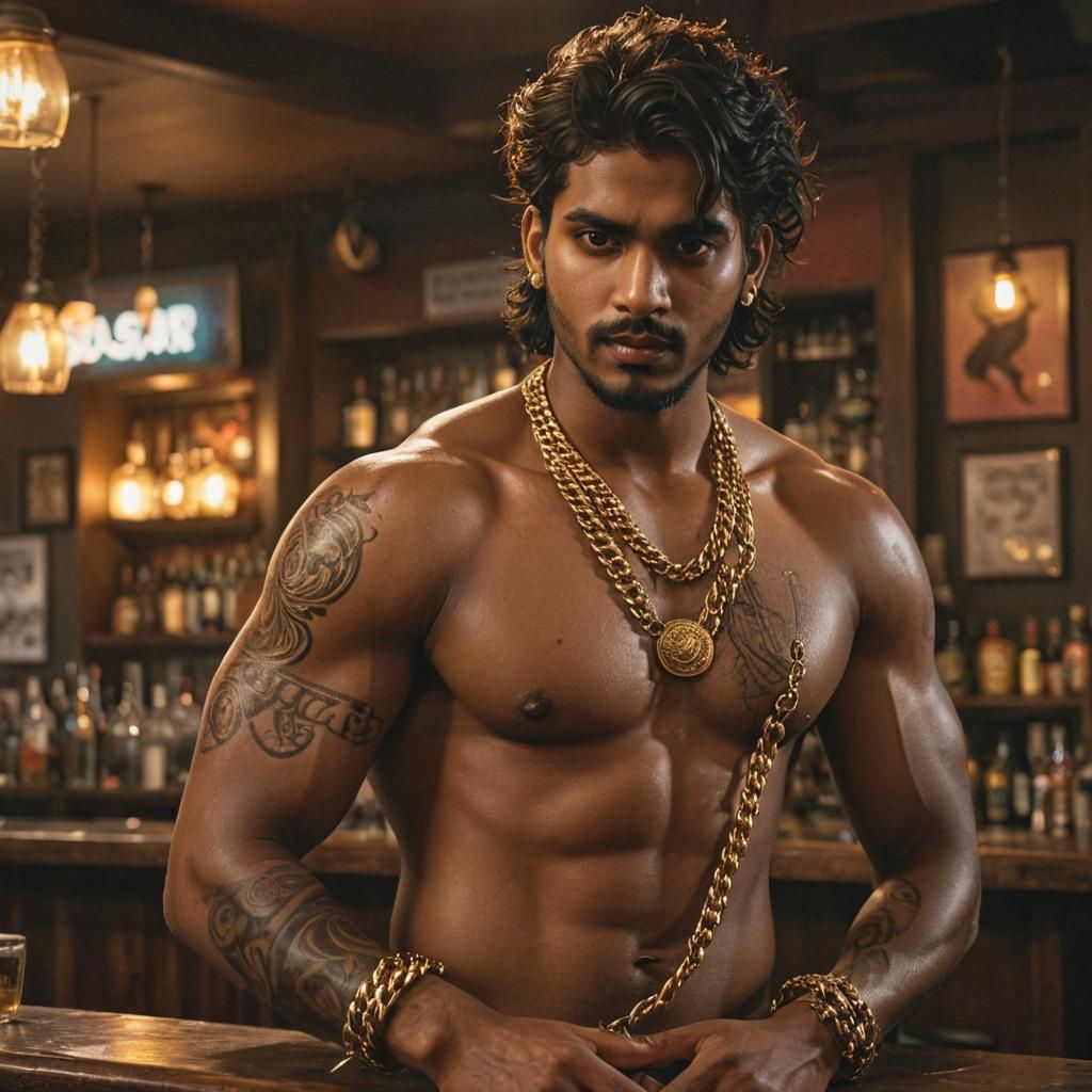 Hyper-Realistic Portrait of a Muscular Man in a Bar