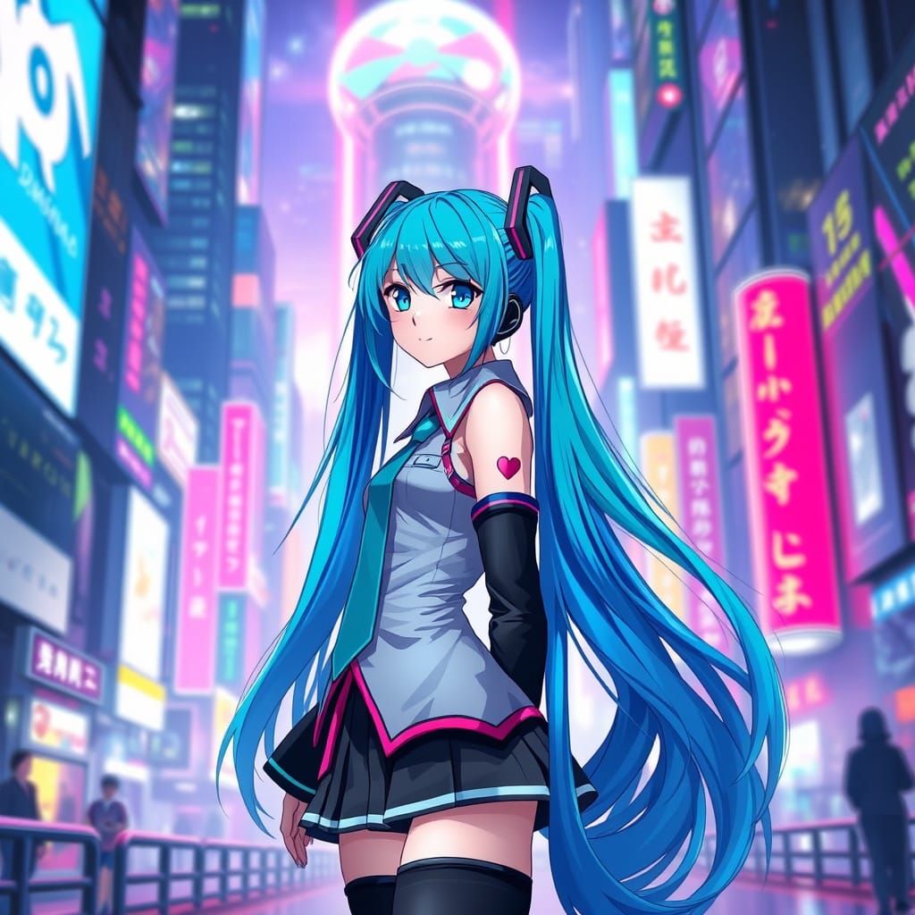 Vocaloid Idol in Neon Futuristic Cityscape
