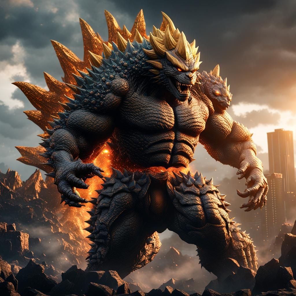 Goku Godzilla Fusion in 3D Cinematic Style