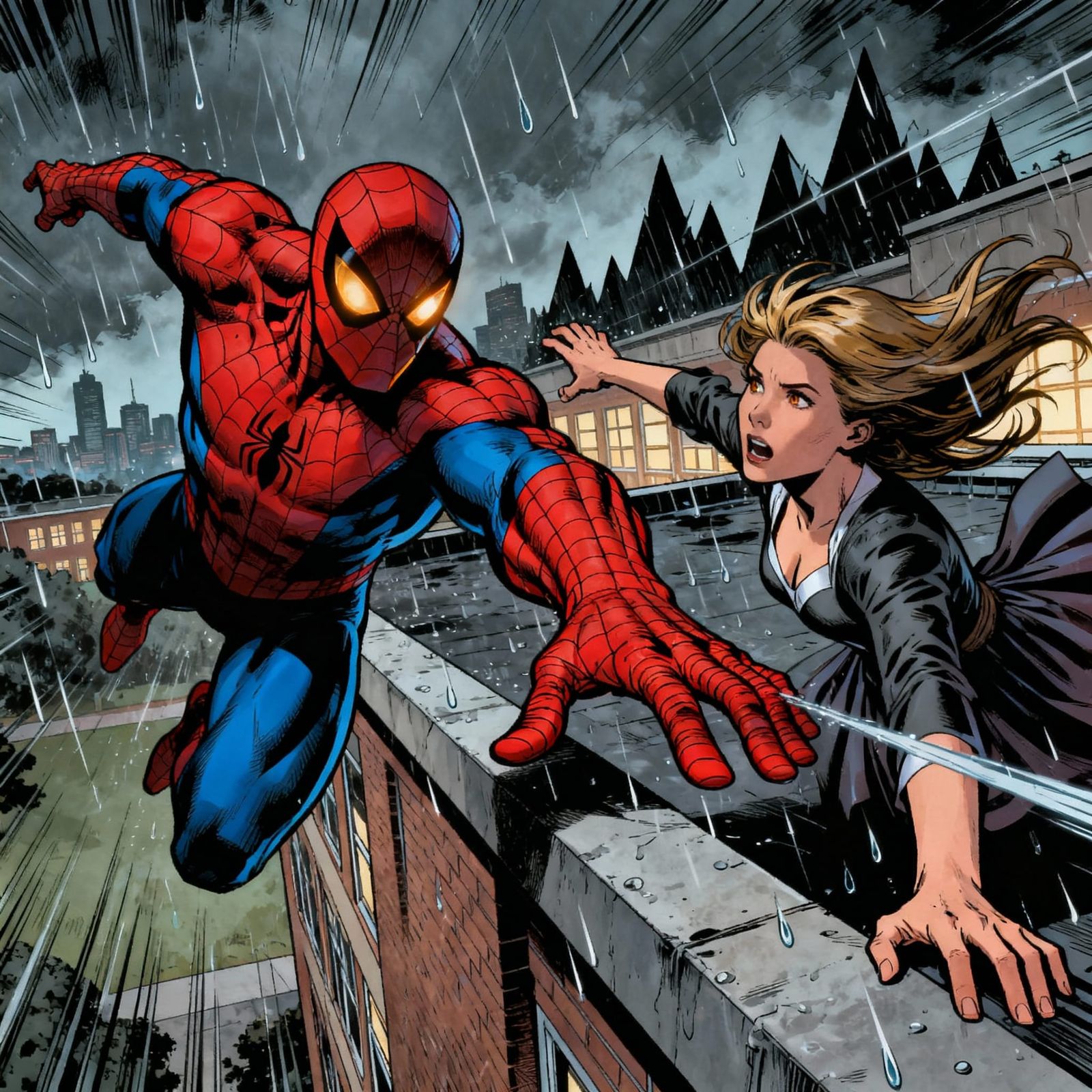 Spider-Man Reaches for Gwen Stacy on High School Ledge