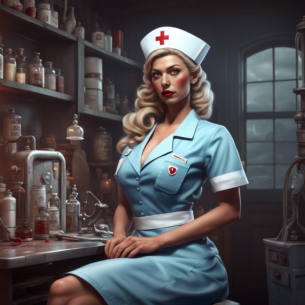 Hyperrealistic Nurse Pinup in Detailed Matte Painting Style