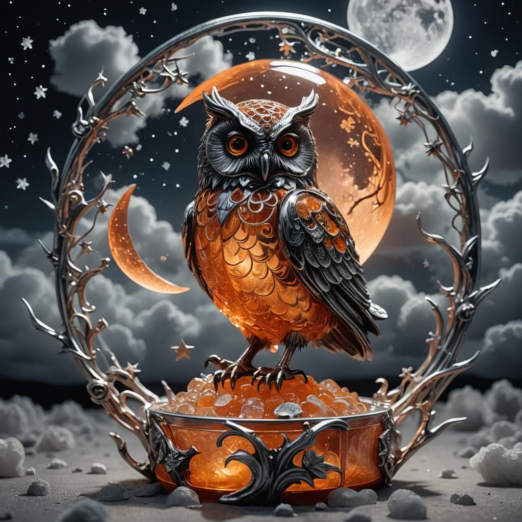 Orange Jelly Sculpture of Owl on Silver Moon