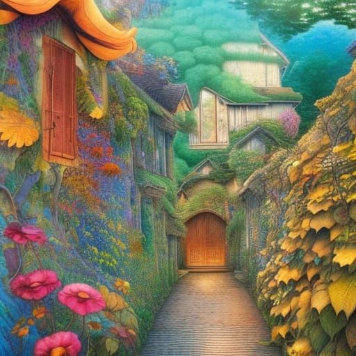 Quaint Cottages with Gardens in Collage Art Style