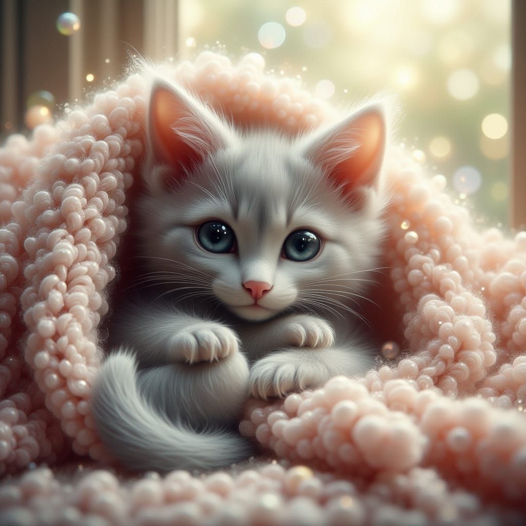 Cute Fluffy Kitten Under Blanket in Gentle Sunlight