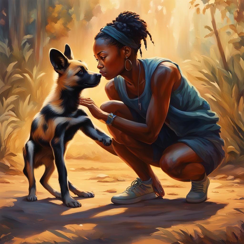 Woman and Wild Dog Cub in Hyperrealistic Splash Art