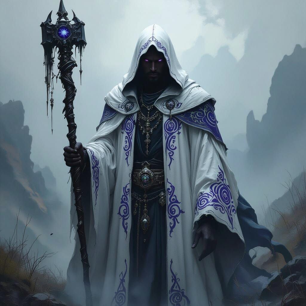 Dark Fantasy Sorcerer-Warrior in Misty Landscape Oil Paintin...