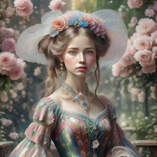 Victorian Lady with Peonies, Photorealistic Colored Pencil A...