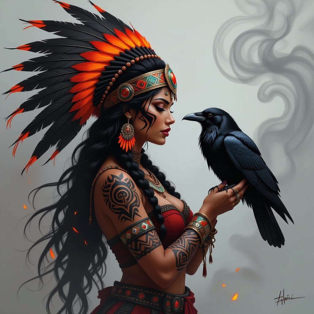 A digital painting depicting a powerful Native-inspired woma...