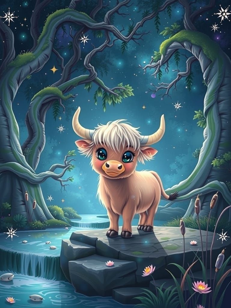 A chibi Highland cow with soft, fluffy fur and endearing facial features, bathed in a warm, ethereal glow, stands amidst...