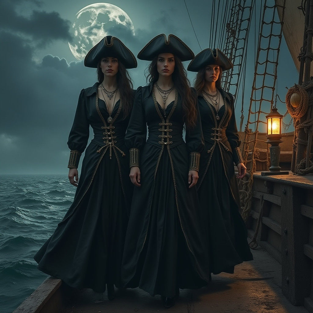 Pirate Ladies on a Lantern-Lit Sailing Vessel
