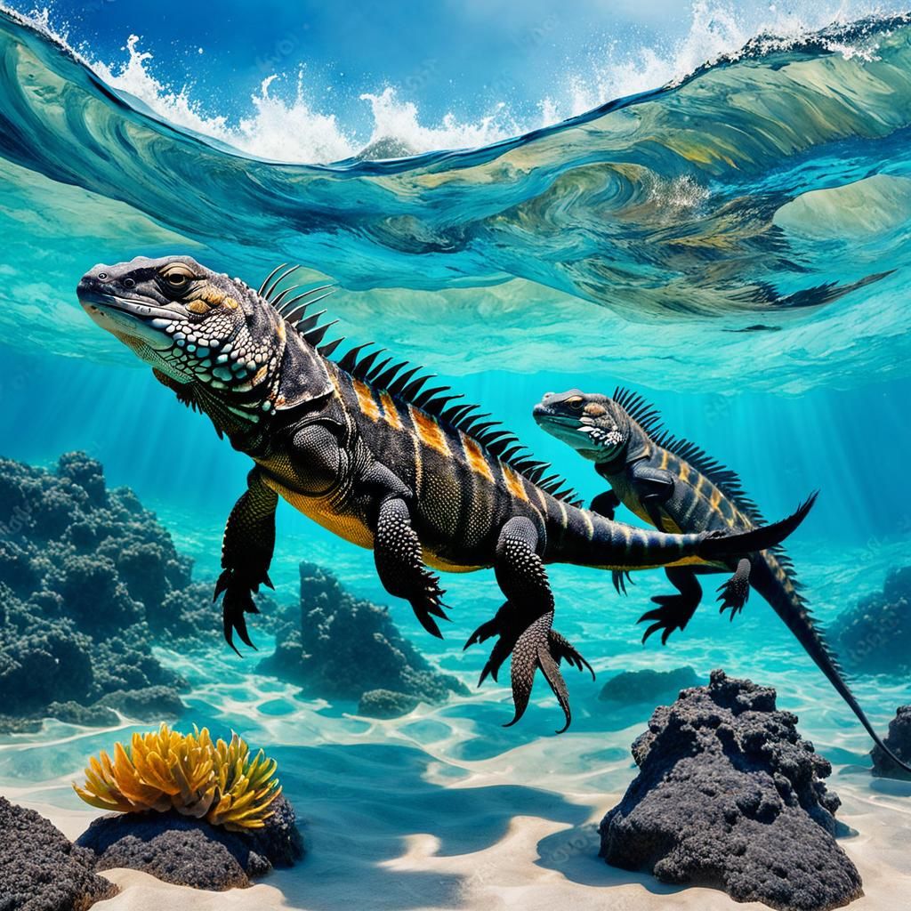 Galapagos Black Iguanas Swimming: Abstract Watercolor Art