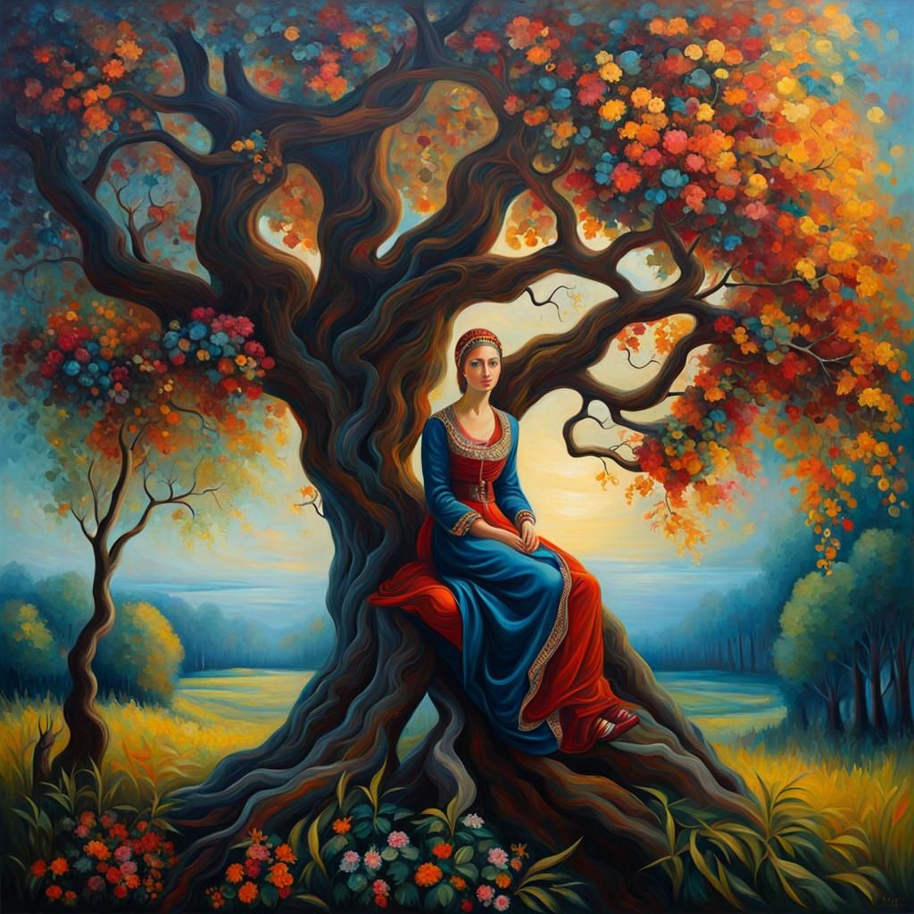 Girl in Tree: Atmospheric Oil Painting