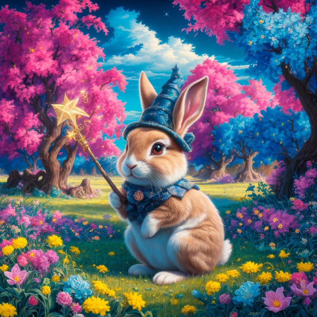 Fantastical Bunny with Magic Wand in Field