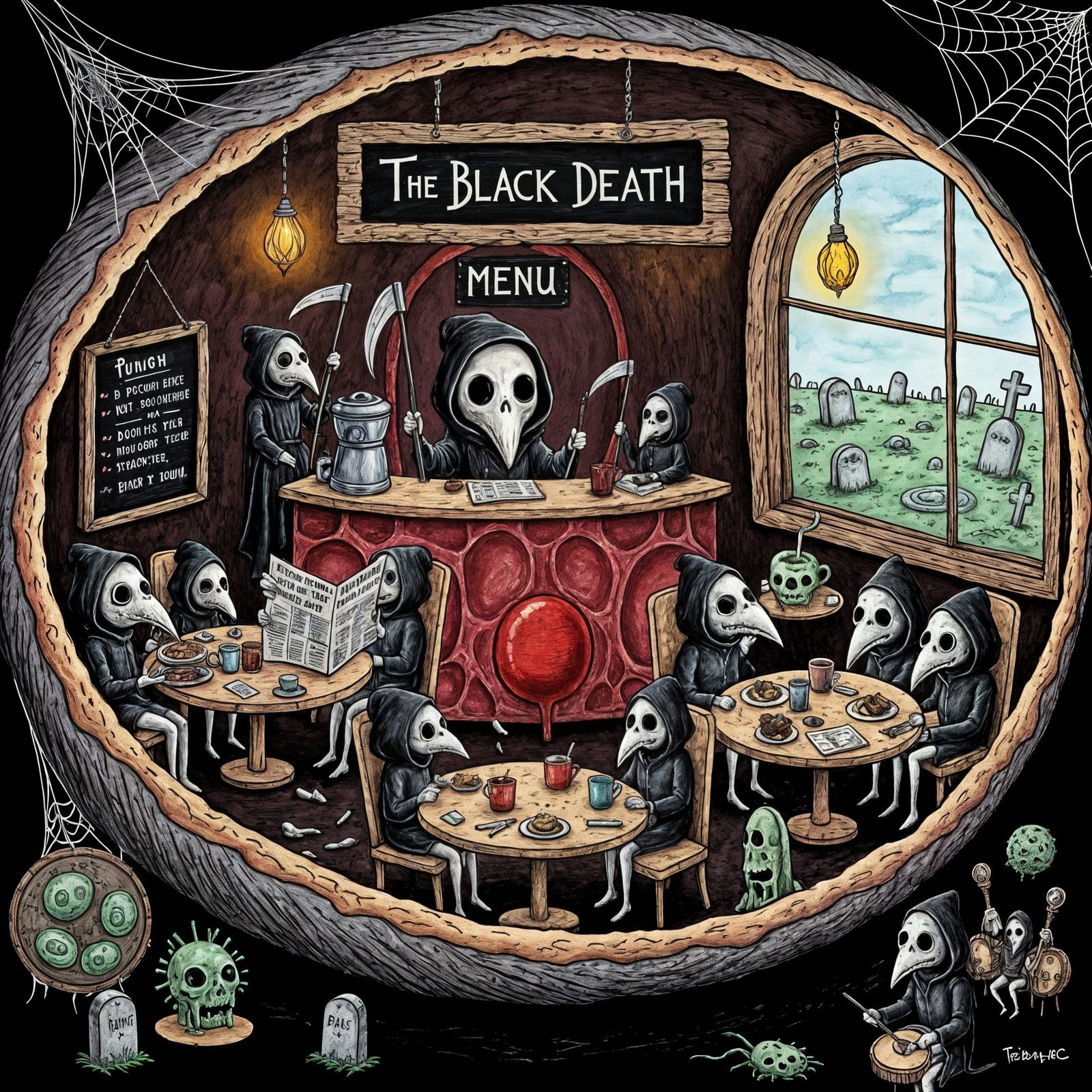 Gothic Cafe Illustration in Tim Burton Style