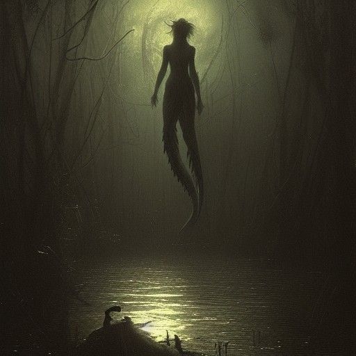 Scary Mermaid in Moonlit Swamp: Horror Art