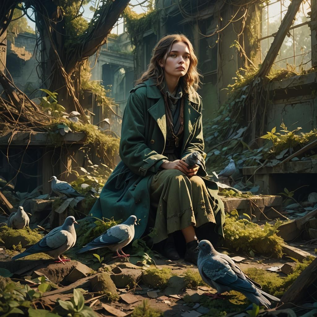 Girl with Pigeon in Abandoned Place: Fantasy Art