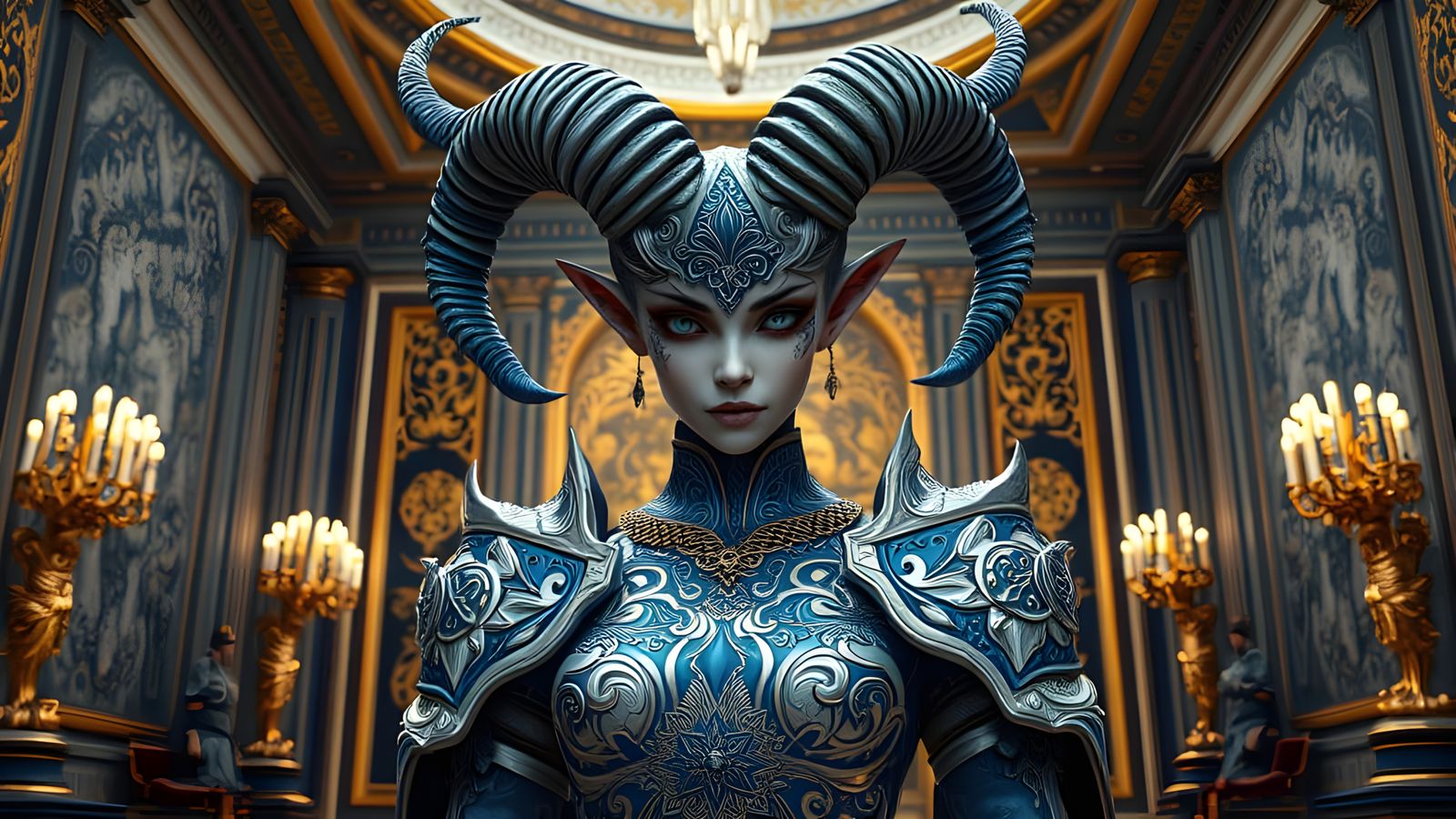 Goat-Headed Demon in Palace, Hyperrealistic Illustration