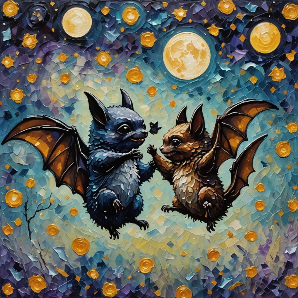 Bats High Five Under Galactic Moonlight as Impasto Painting