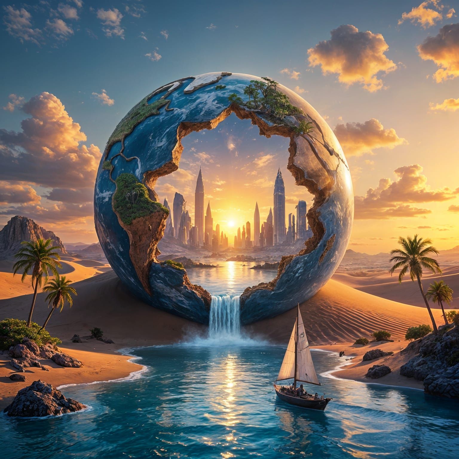 Surreal Desert Portal Revealing Futuristic City Seascape