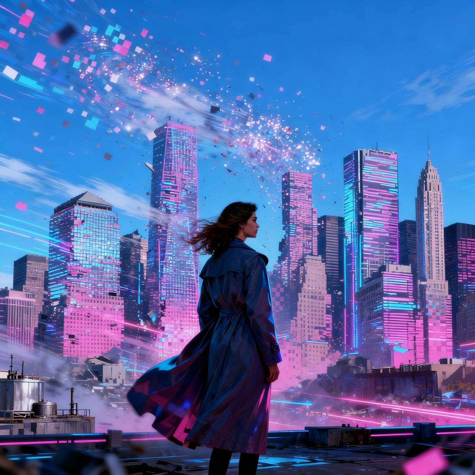 NYC Skyline Dismantling into Glitch Art Pixels