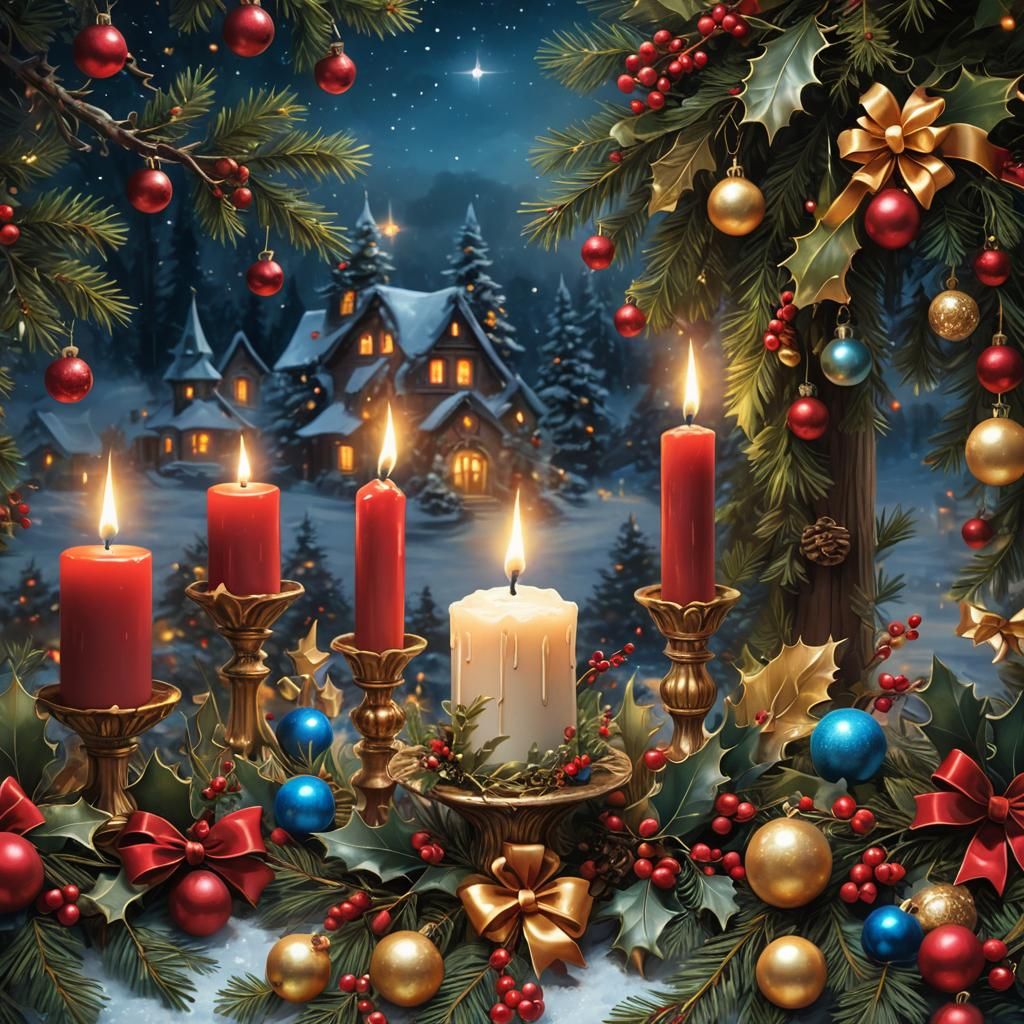 Festive Christmas Scene with Candle, Bow, and Ornaments