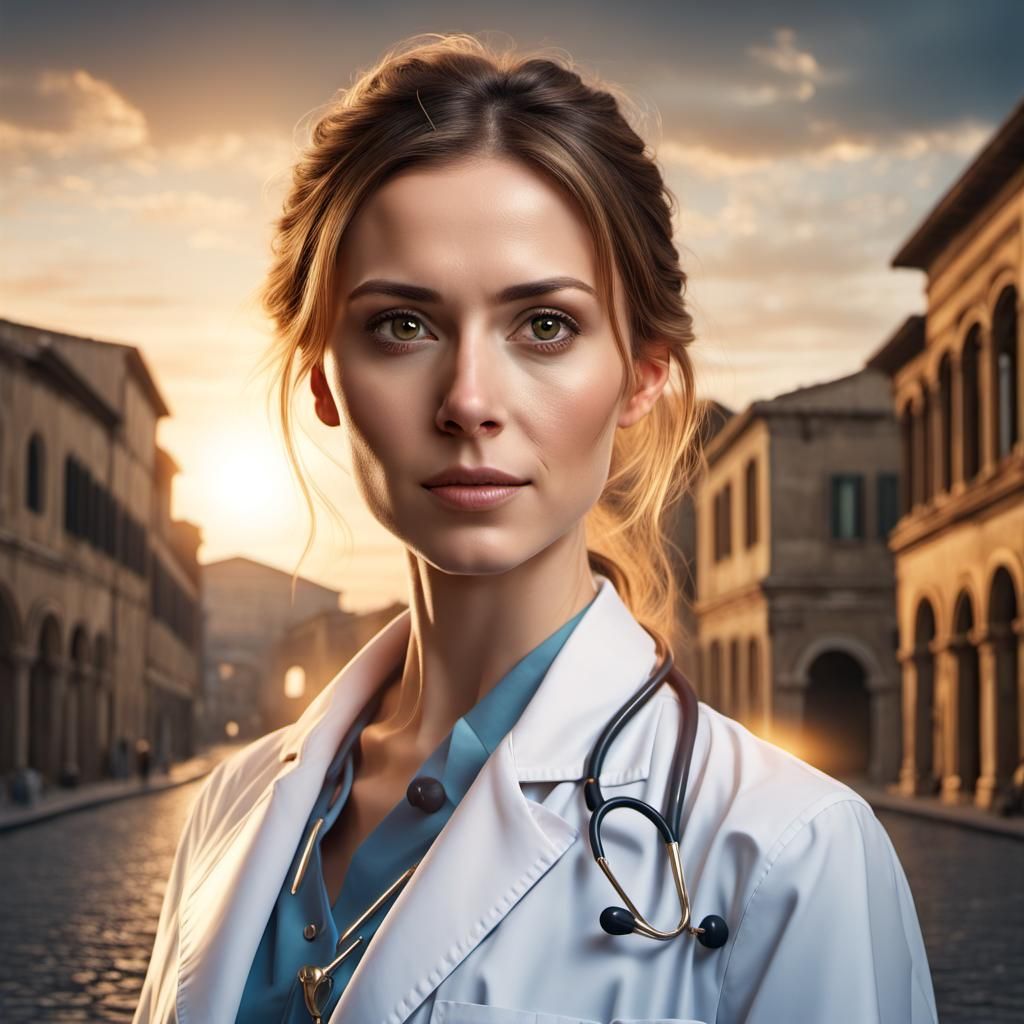 Female Doctor with Golden Aura in Roman Street