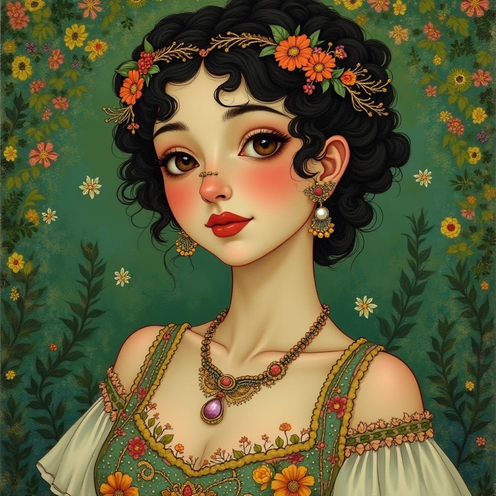 Elegant Woman with Pearl Nose Ring in Art Nouveau Style