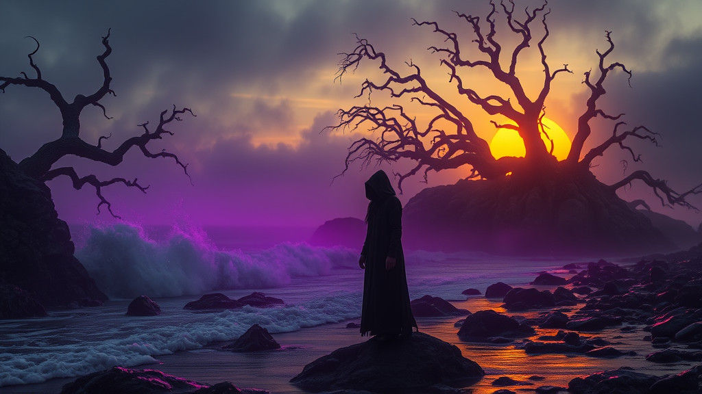 Eerie Oregon Coast at Night in Dark Fantasy Style