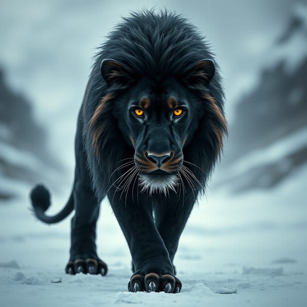 Black Lion Walking in Snowy Landscape: Fantasy Art