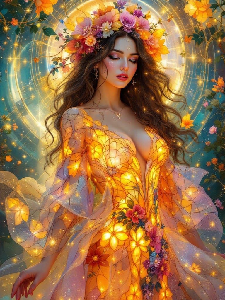 Celestial Queen in Stained-Glass Gown, Surrounded by Radiant...