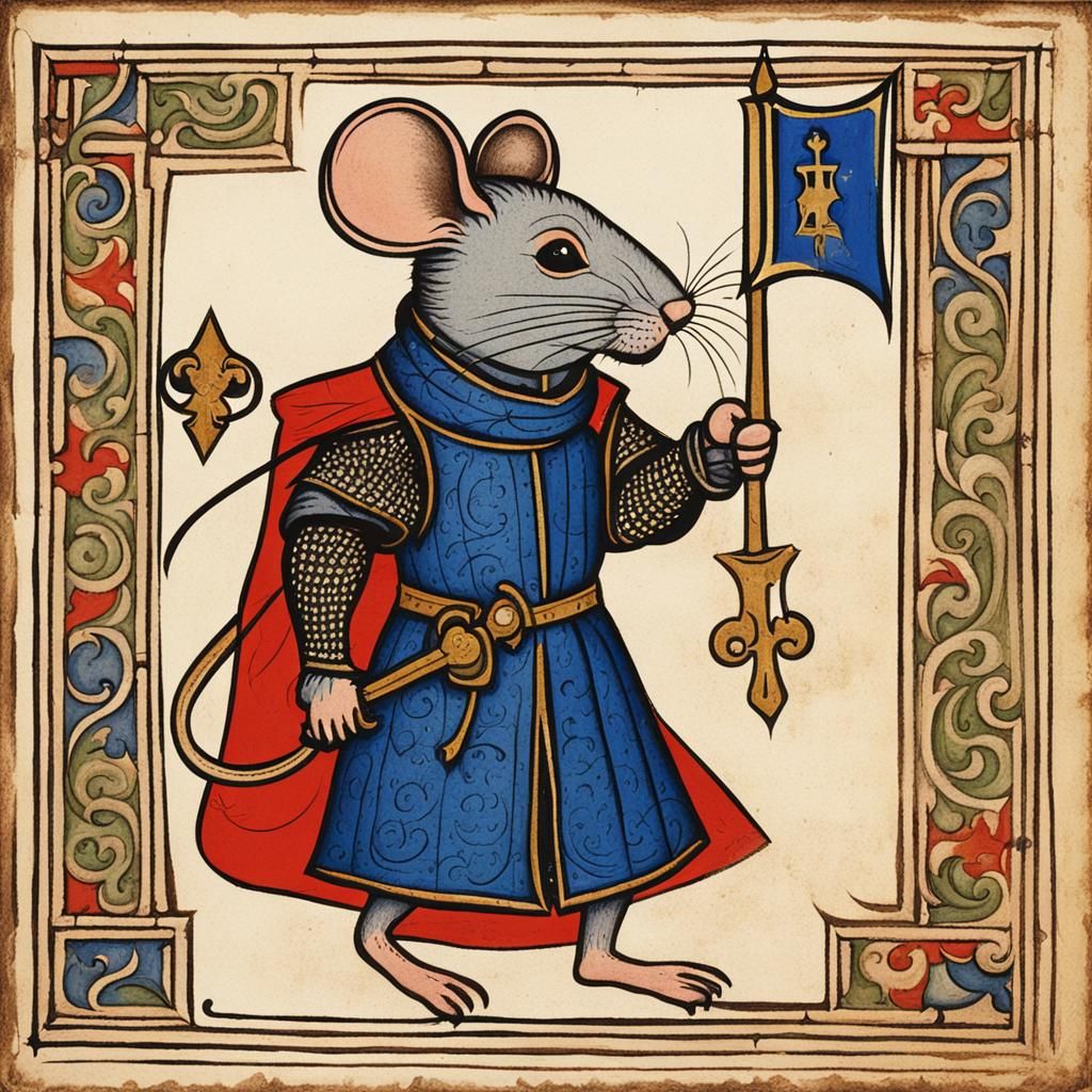 Medieval manuscript illumination of a mouse dressed as a kni...