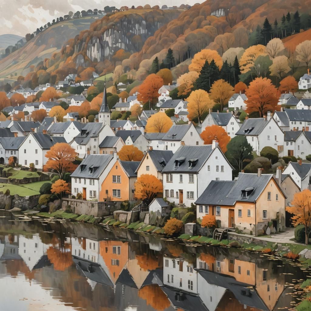 Autumn Village Scene in Gouache Impressionist Style