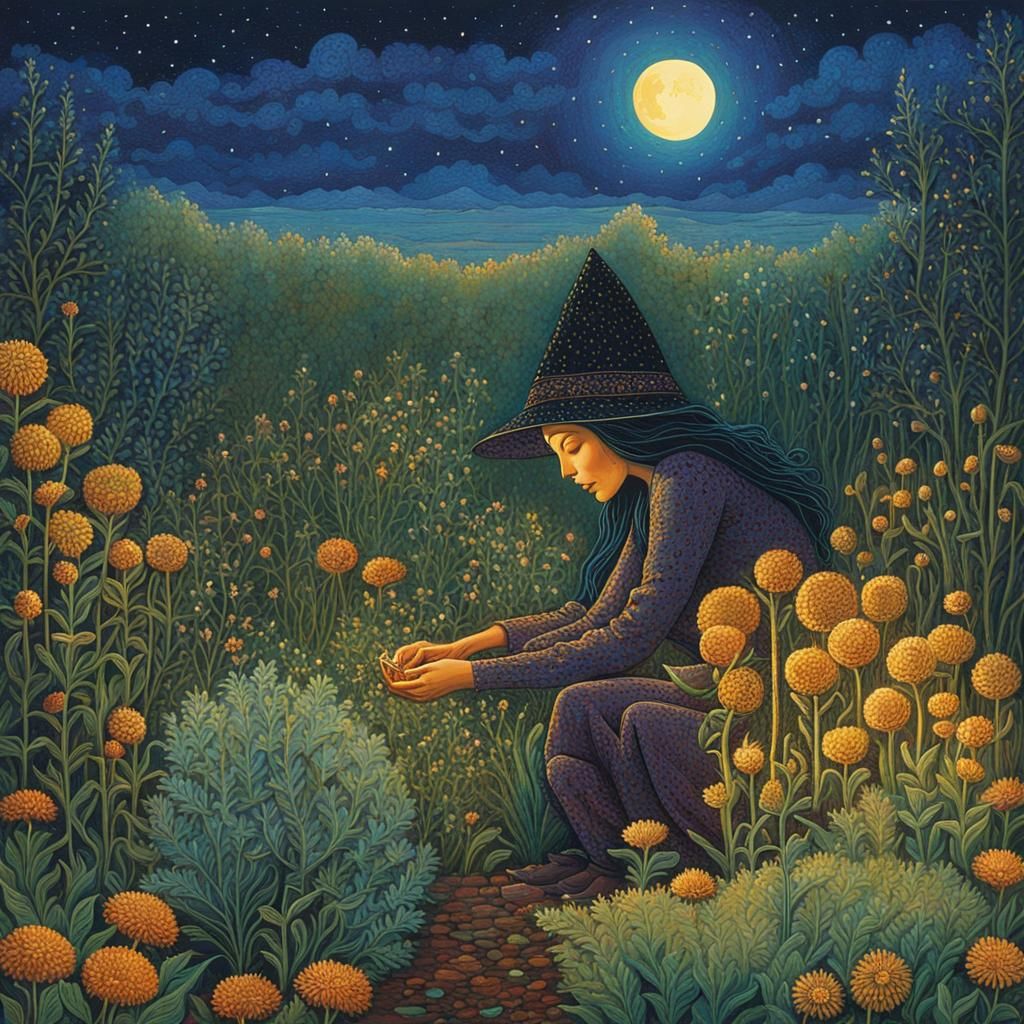 Herb Witch in Garden, Visionary Art Style