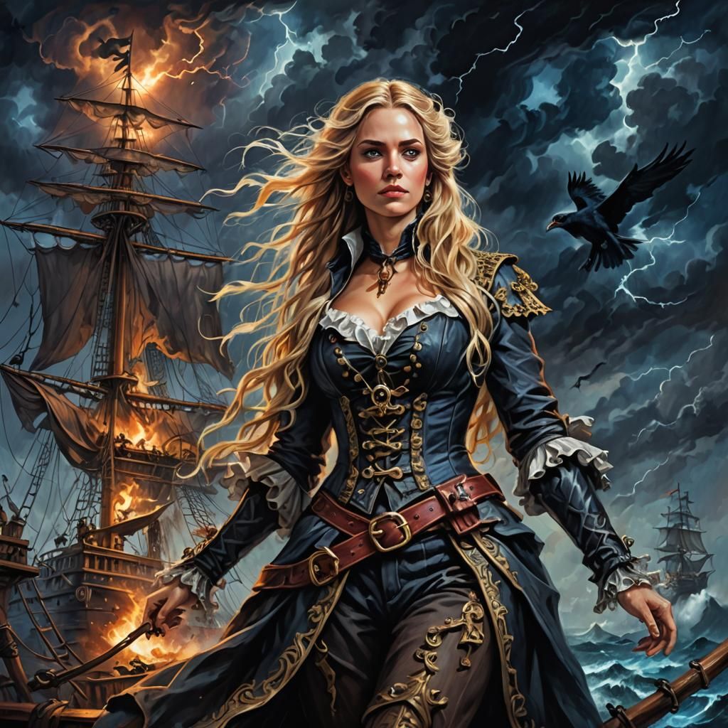 Fantasy Pirate in Stormy Seas: Oil Painting