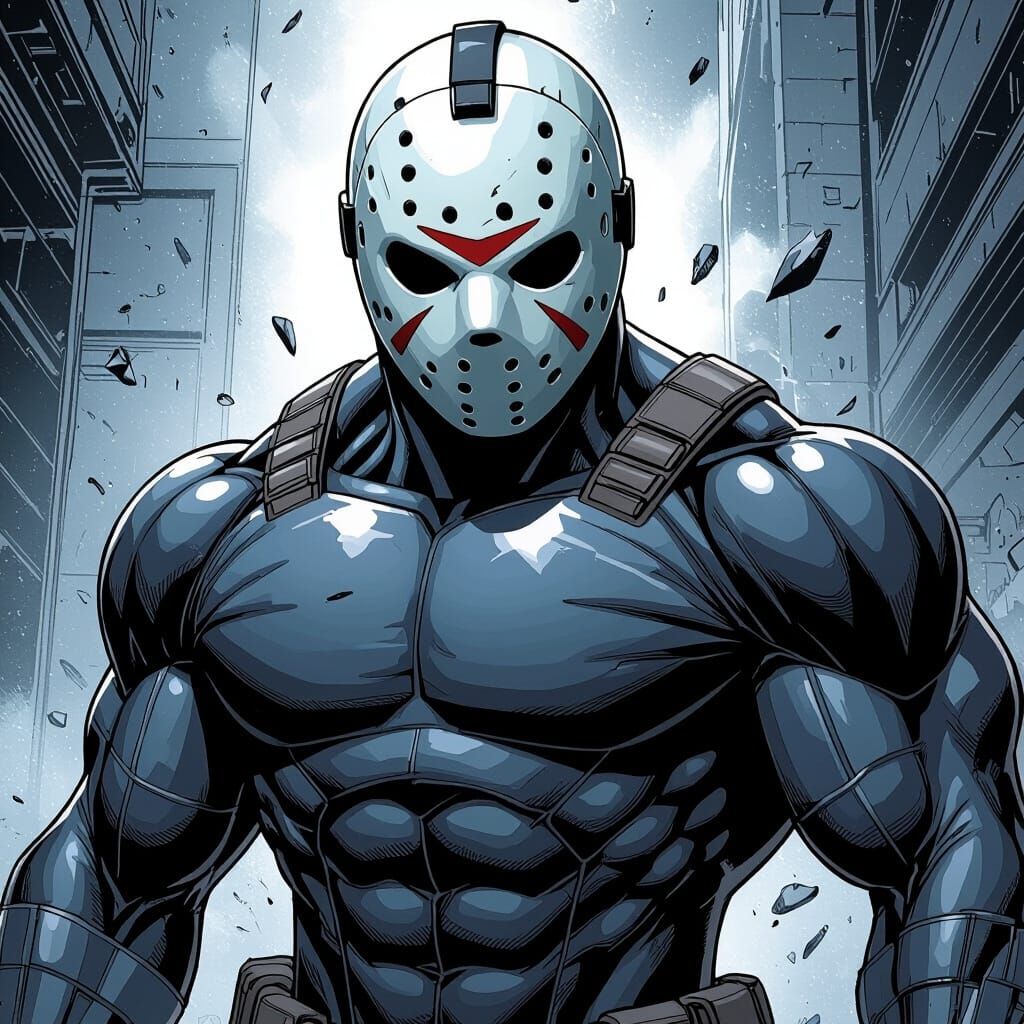 Jason Voorhees Masked Superhero in Metallic Comic Style