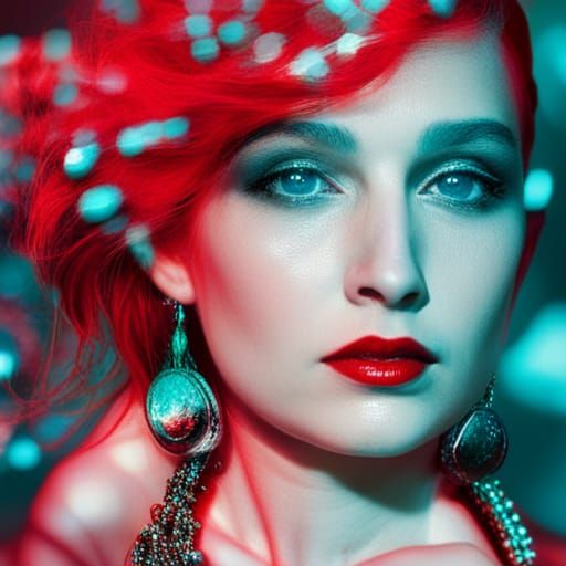 Dreamy Portrait in Red and Cyan with Jewels