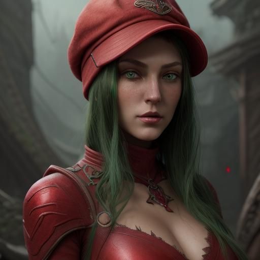 Green Eyed Woman in Red Hat: Fantasy Art