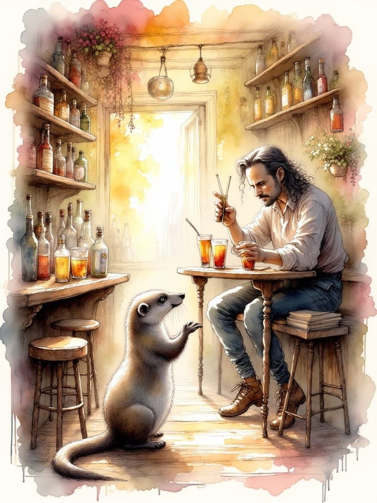 Weasel at the Bar in Storybook Watercolor