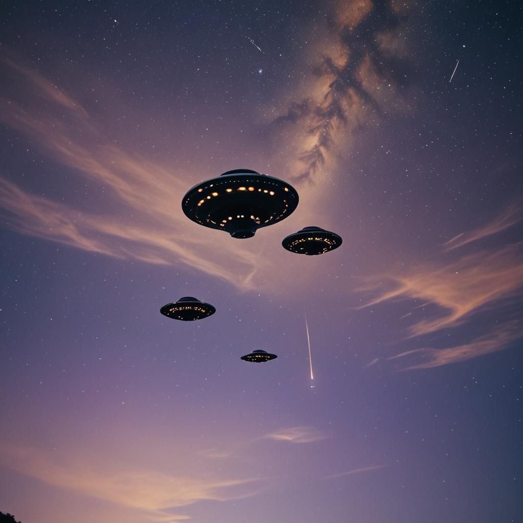 UFOs in Starry Night Sky: Cinematic Film Still