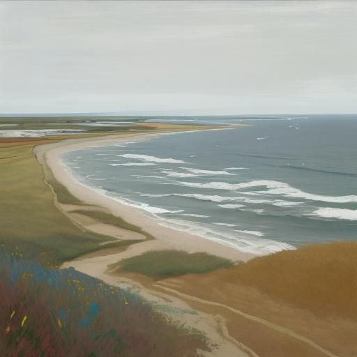 Abstract Coastal Landscape with Colorful Fields