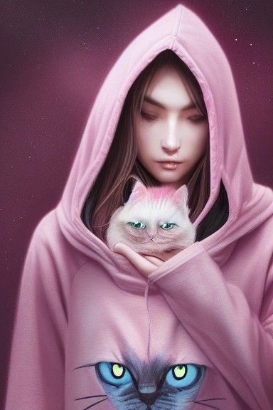 Beautiful Woman in Pink Cat Hoodie: Digital Illustration