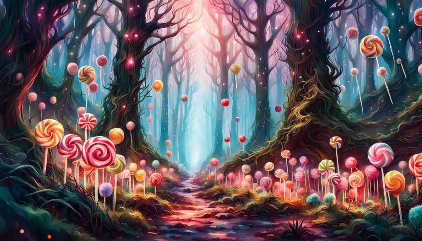 Magical Lollipop Forest Path at Night