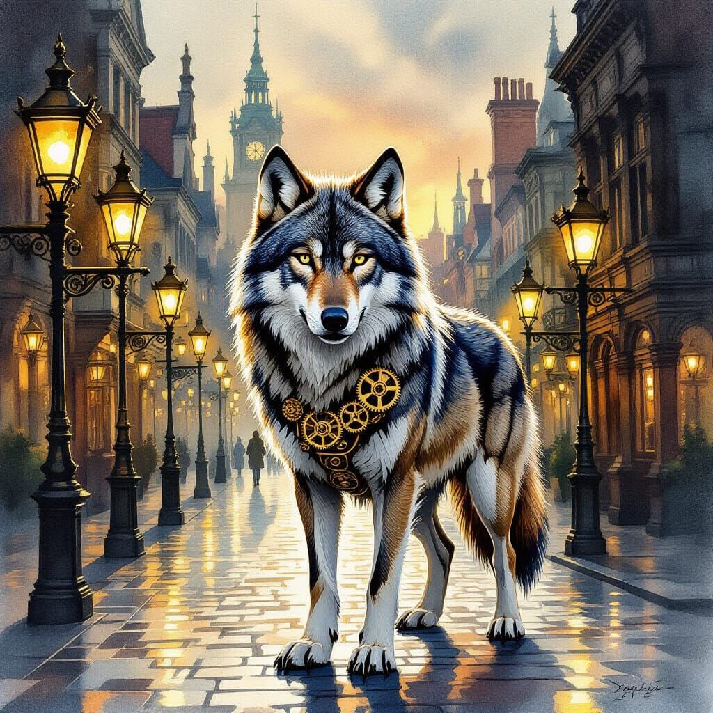 Steampunk Wolf in Victorian Town Square