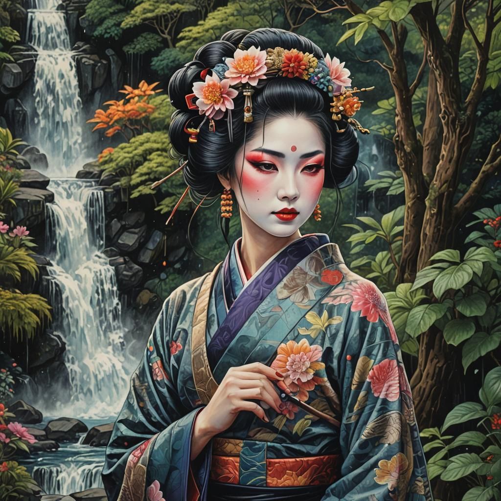 Geisha Portrait in Steampunk Neo-Impressionist Style