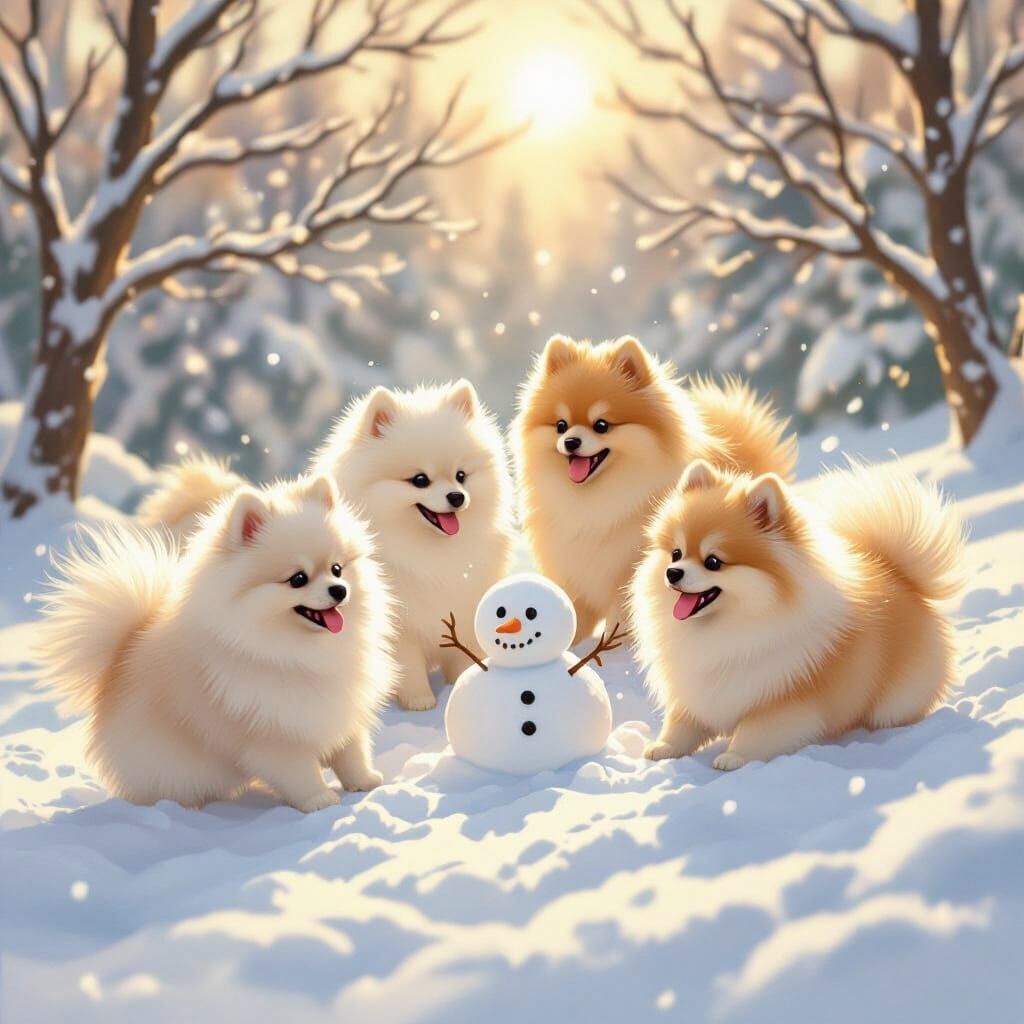 Pomeranians Build Snowman and Sled in Whimsical Illustration...