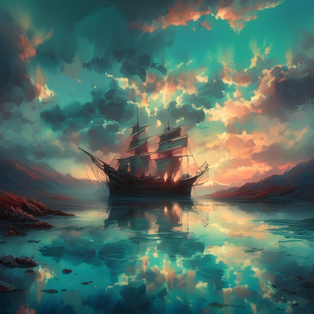 Turquoise Sunset Reflection with Sailboat: Fantasy Art
