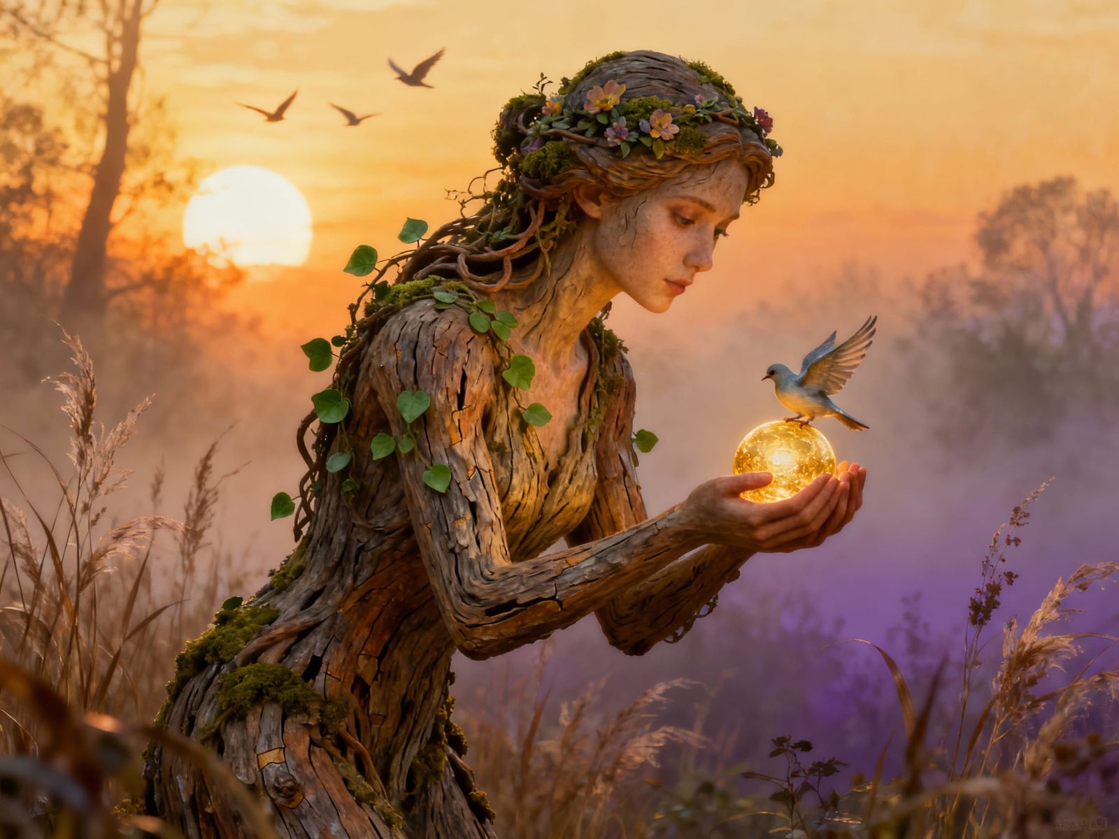 Ethereal Woman in Misty Forest at Sunset, 3D Textured Oil Pa...