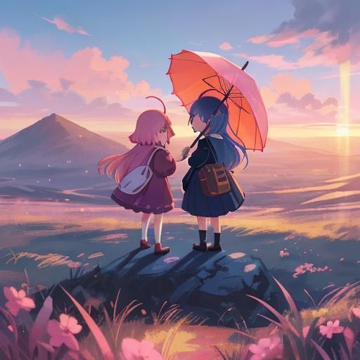 Anime Girl with Pink Umbrella at Sunset