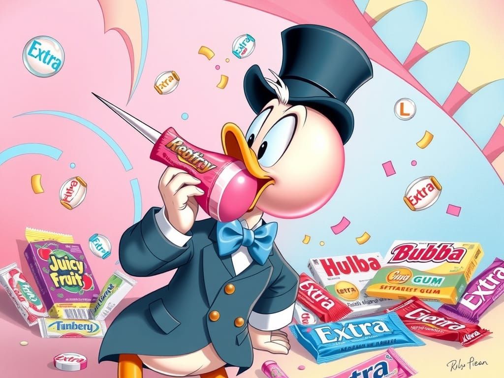 Scrooge McDuck Enjoys Whimsical Chewing Gum Scene
