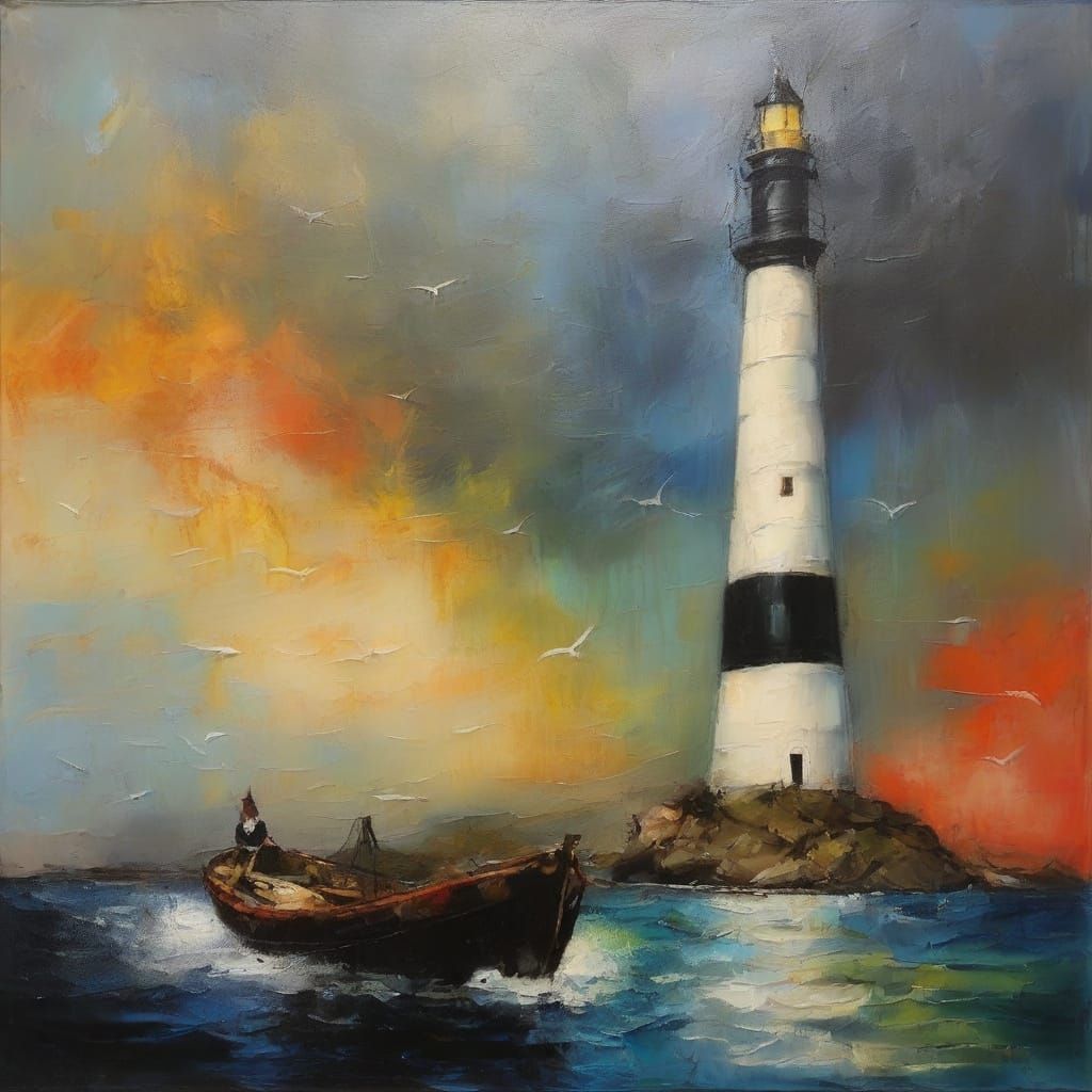 Sailboat and Lighthouse in Encaustic Acrylic Style